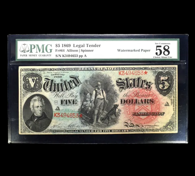 1869 $5 Legal Tender Note ✪ Pmg Au-58 ✪ Fr 64 Treasury Note Us ◢Trusted◣
