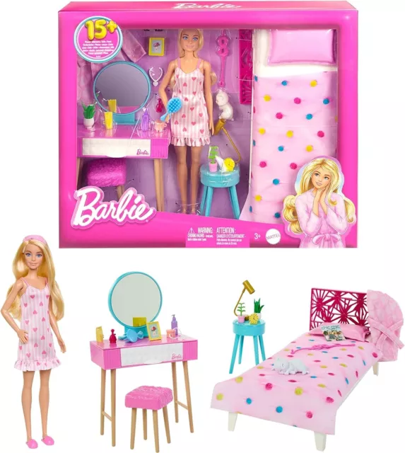 Barbie Casa Camera da Letto Set Completo con Bambola Arredamento Oggetti Mattel
