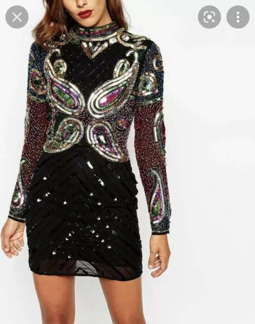 ASOS Red Carpet all over beaded sequin bodycon mini dress 8 Long sleeve BNWOT