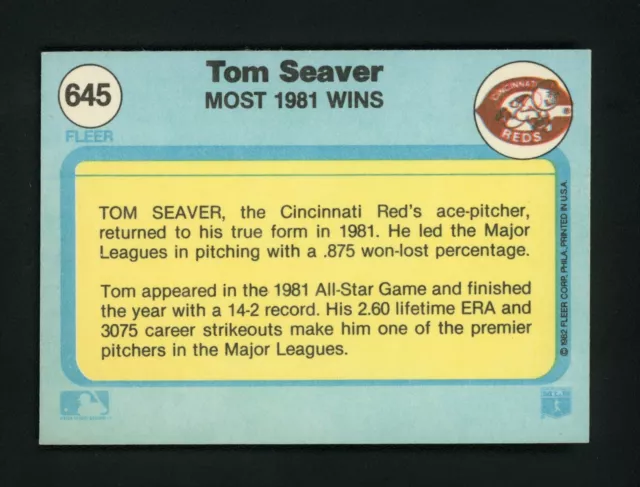 TOM SEAVER 1982 Fleer (HOF) Cincinnati Reds #645 NM-MT $16.00 - PicClick