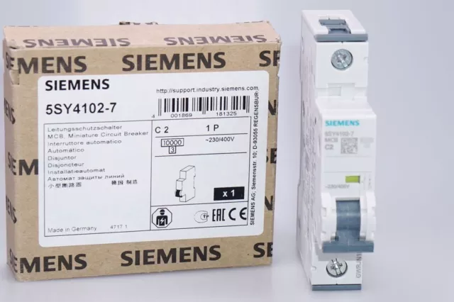 SIEMENS 5SY4102-7 Leitungsschutzschalter 230/400V 10kA, 1-polig, C, 2A  OVP; NEU