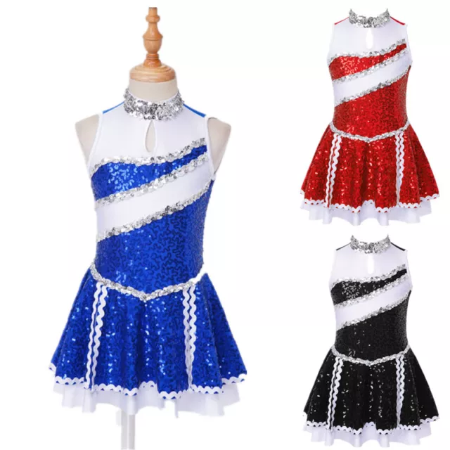 UK Kids Girls Sequins Halloween Cheerleading Costume Cheerleader Dance Dress