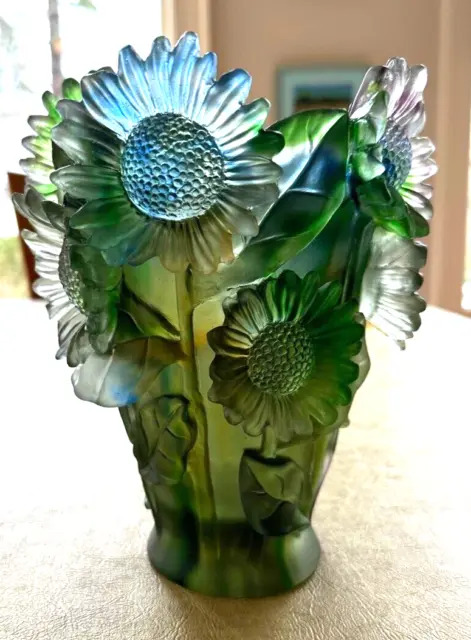 Sunflower Nancy Daum Style Pate De Verre Vase H 9-1/2” Color Blue, Greens, Clear