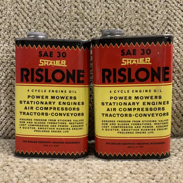 Vintage Vtg Shaler Rislone 4 Cycle Engine Motor Oil Cans (x2) - 1 FULL & 1 Empty