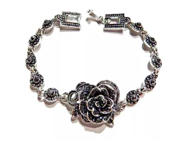 GUNMETAL & SILVER TONE ROSE LINK BRACELET faux marcasite stone flower G5