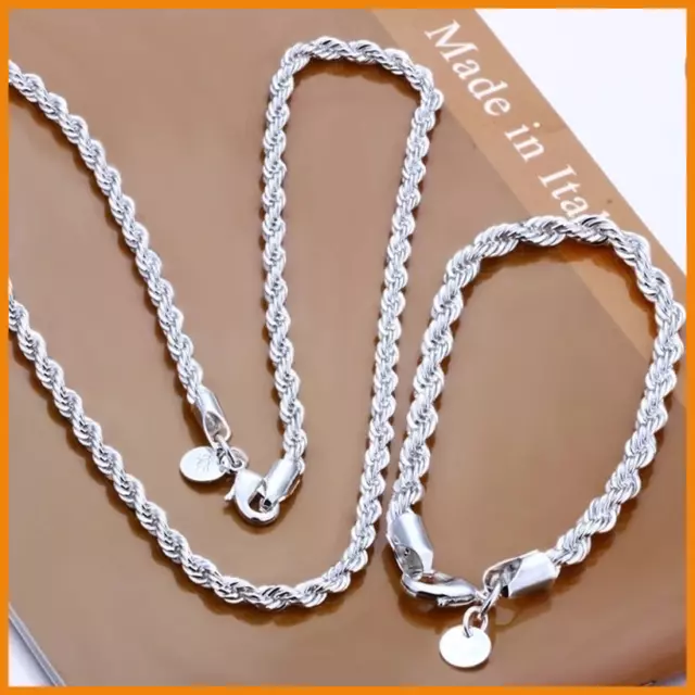 Solid Sterling Silver Rope Link Chain Necklace 925 Silver Chain &bracelt Italian