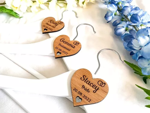 Personalised Wedding Coat Hanger Tags, Bridal Party Wooden Heart Laser Engraved