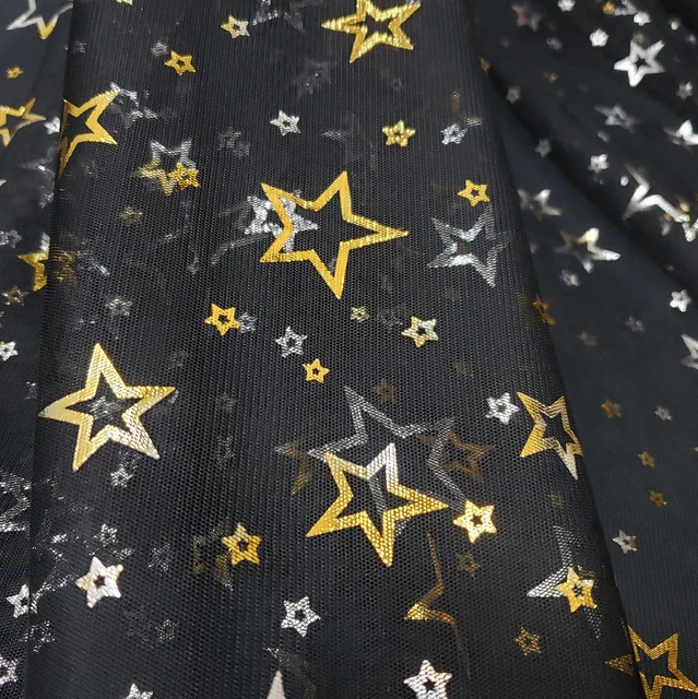 Gold and Silver Foil Stars on 2-Way Stretch Black Mesh Fabr