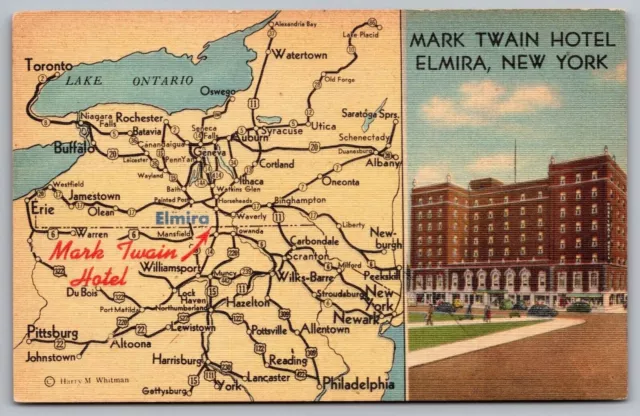 Mark Twain Hotel Elmira New York Street View Old Cars Map Linen Vintage Postcard