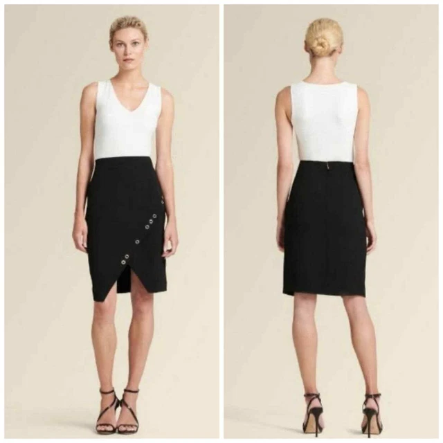 DONNA KARAN Black Pencil Skirt Womens 10 Asymmetrical Silver Grommet Detail