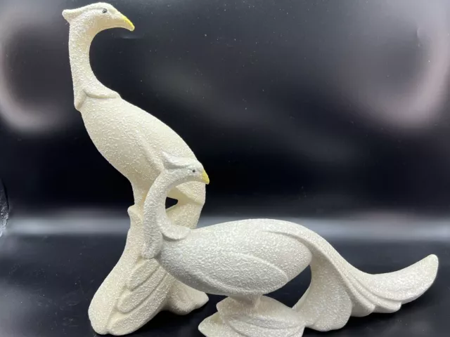 Vintage MCM Peacock Bird White Splatterware Pair Ceramic Figurines Pottery