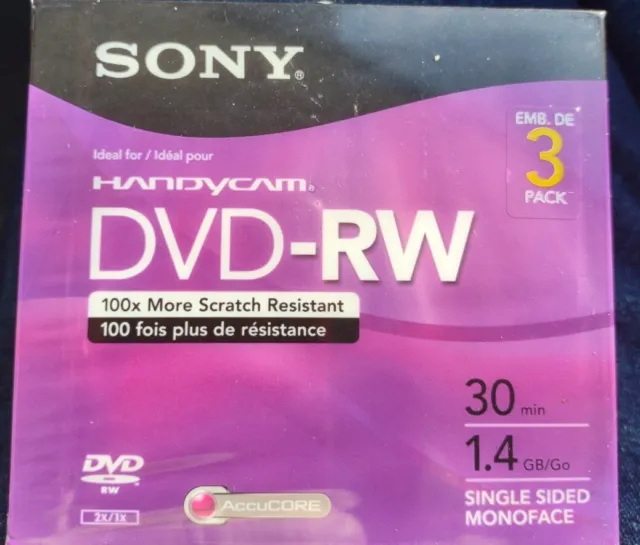 NUEVO SELLADO Sony Handycam DVD-RW Paquete de 3 30 Min 1.4GB DVD Regrabable