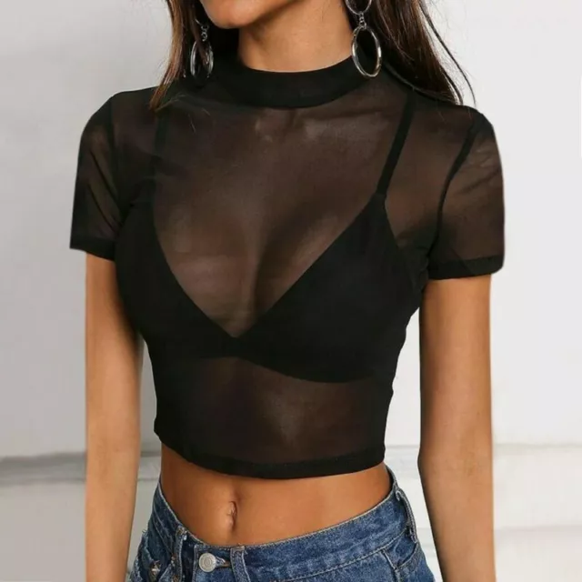 Womens Sexy Transparent Mesh Crop Top T-Shirt Cami Bra Vest Tank