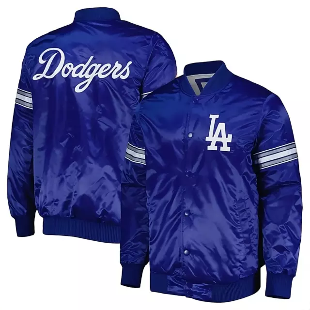 MLB Los Angeles Dodgers Embroidery Logos Blue Satin Varsity Jacket Full Snap