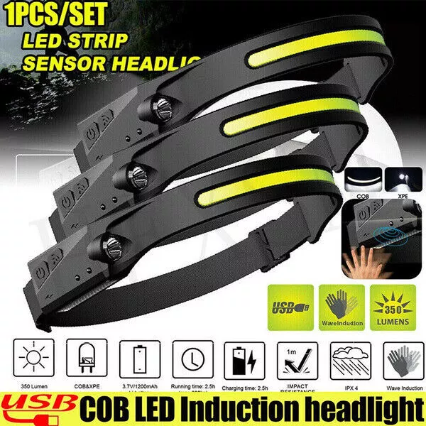 COB LED Headlamp USB Rechargeable Headlight Torch Work Light Bar Head Band Lamp