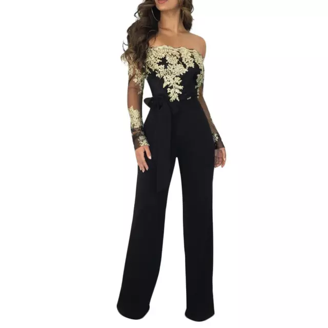 Aro Lora Womens Off Shoulder Jumpsuit Floral Embroidery Lace See Through Wide