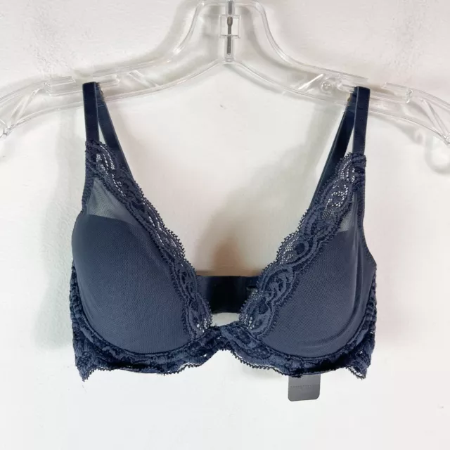 Natori NWOT Ash Navy Pearl Feathers Contour Plunge Bra Size 30C