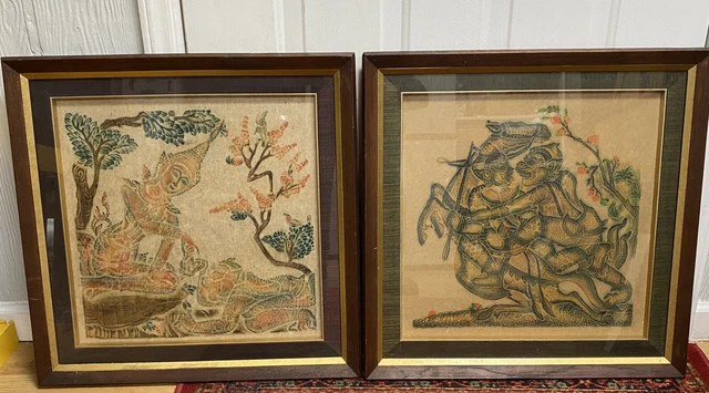 Mid Century Thai Temple Rubbings X2 Rice Paper Art  24x24  VERY NICE FRAMES