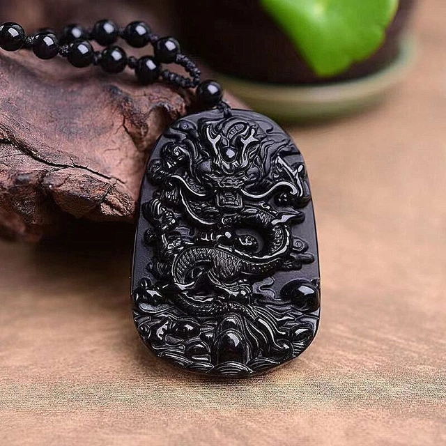 Natural Obsidian Dragon Charm Pendant Necklace Beads Cord Handmade Carved Z89793