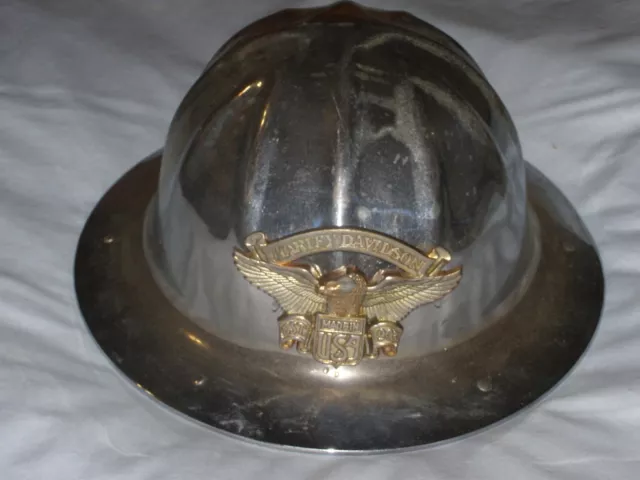 Vintage B.F. McDonald Aluminum Metal Hard Hat w/ Harley Davidson Badge & Clips