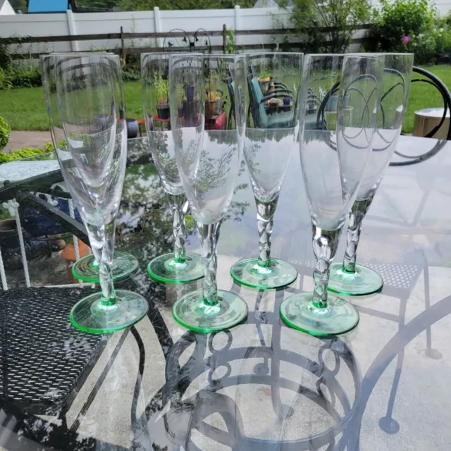 Villeroy & Boch Verona Clear Twisted Stem Green Base Champagne Flutes Set Of 7