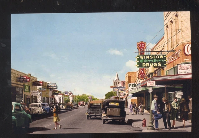 Winslow Arizona Route 66 Downtown Street Scene Old Cars Postcard Copy
