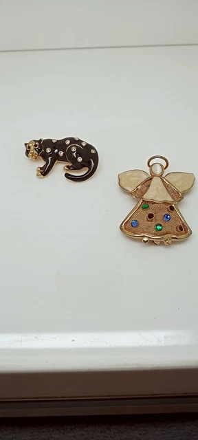 Swarovski SAL Signed Gold  Clear Crystals Black Enamel Leopard Brooch and angel
