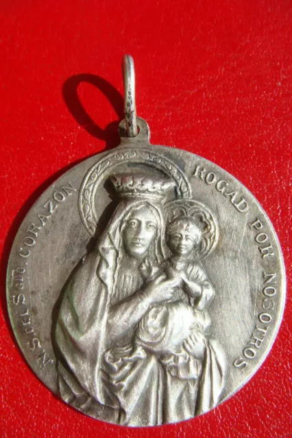 Nuestra Bendita Madre Del Sagrado Corazón De Jesús Ruega Por Nosotros Antigua Rara Medalla De Plata