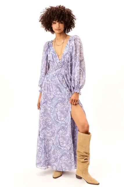 For Love & Lemons Womens M Blue Janelle Maxi Dress Button Up Paisley Lined Long