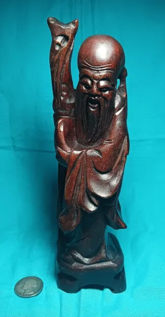 Shou Lao Chinese God Of Longevity Carved Wooden Sculpture Figure 8.5"