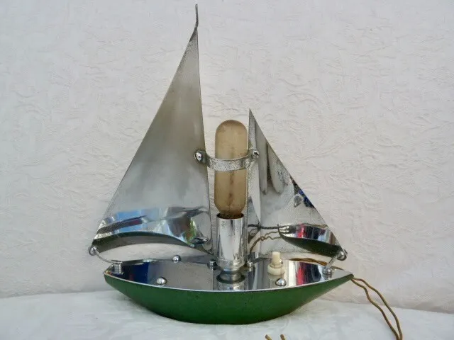 Original Art Deco yacht sailboat lamp, chrome sails, green hull 9x9 1/4 ins