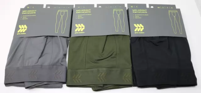 All in Motion Men's Mid-Weight Size XL Thermal Pants Lot of 3 Green Grey Blk NWT