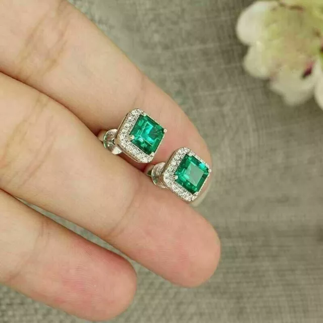 2Ct Princess Lab Created Emerald Women's Halo Stud Earring 14K White Gold Plated