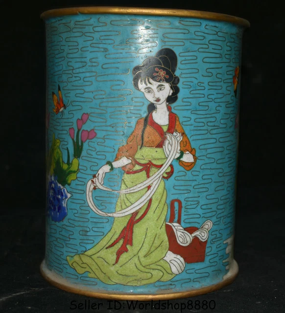 8.6"Kangxi Marked Old China Cloisonne Enamel Bronze Beauty Brush Pot Pencil Vase