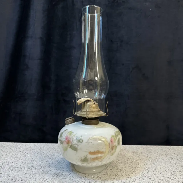 Antique Clark Kerosene Oil Lamp Font Floral Milk Glass Victorian + Burner Shade