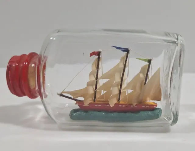 Vintage Ship in a Bottle Handmade 4" Triple Mast Sail Boat Miniature Whiskey
