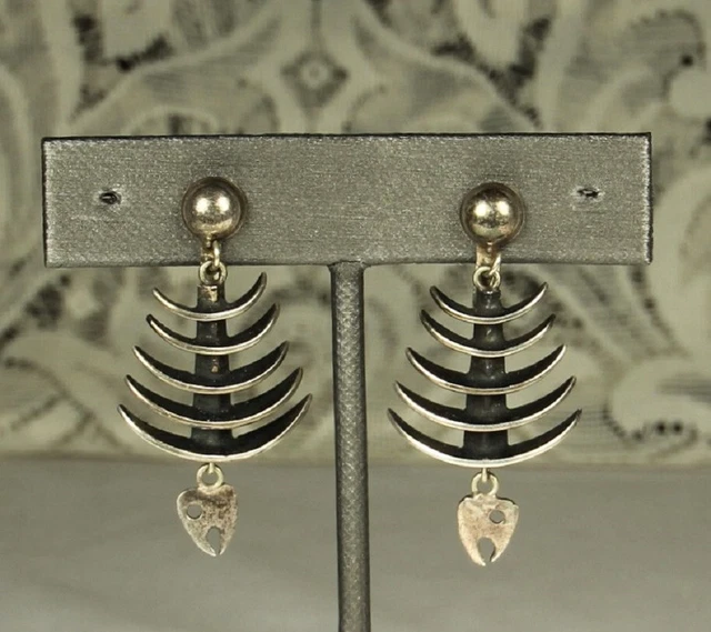 VTG TAXCO FISH Dangle Earrings  1.75" Oxidized Sterling Silver 1950s Mexico FAB