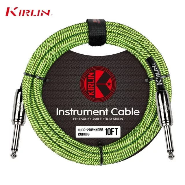 Kirlin 10FT 1/4" Straight Ends Woven Green Guitar/Bass Cables with Cable Tie