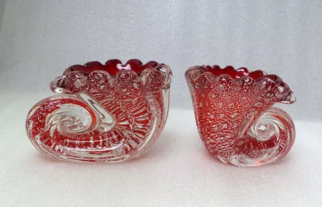 Two  Murano  Barovier & Toso  Red  Cornucopia  Art  Glass  Bowls  Vases