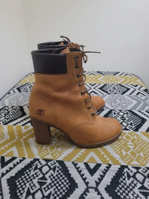 Womens Tan Timberland Glancy 6" High Heel Lace Up Ankle Boots size 5 EU 38