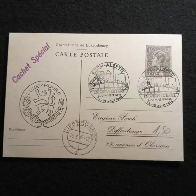 Luxemburg 16.08.1949-Postkarte Ganzsache Sonderstempel Esch-Alzette