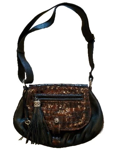 BRIGHTON Black & Brown Patent Leather Croc Trimmed Crossbody Bag Purse Tassel EC