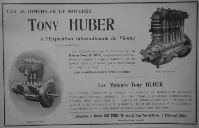 Publicité De Presse 1904 Tony Huber Automobiles Et Moteurs - Advertising