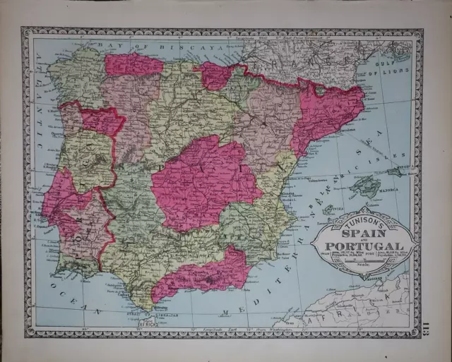 1885 Tunison Atlas Map ~ SPAIN - PORTUGAL - GIBRALTAR ~ (11x14) ~ Free S&H