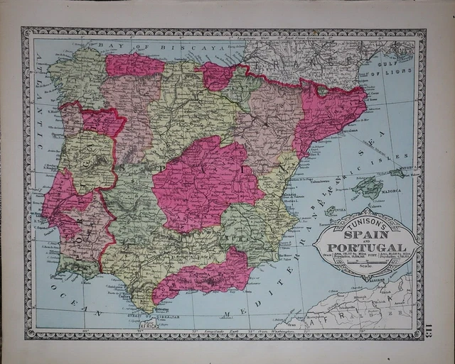 1885 Tunison Atlas Map ~ SPAIN - PORTUGAL - GIBRALTAR ~ (11x14) ~ Free S&H