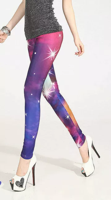 Leggings pantalone donna stelle cosmo elasticizzato skinny viola nuovo #