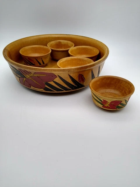 VINTAGE JAPANESE HAND Turned Carved & Painted Wood Bowl Serving Set 6