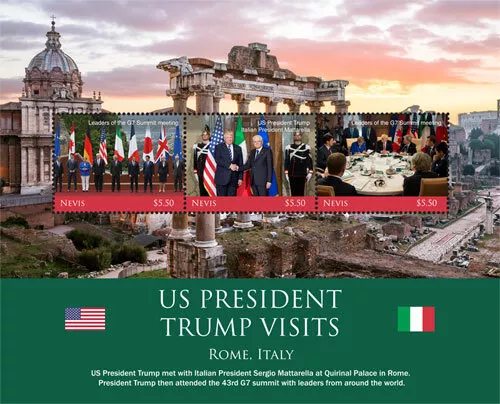 Nevis 2018 - President Trump Visit Rome, Italy - Sheet of 3v - Scott 1953 - MNH