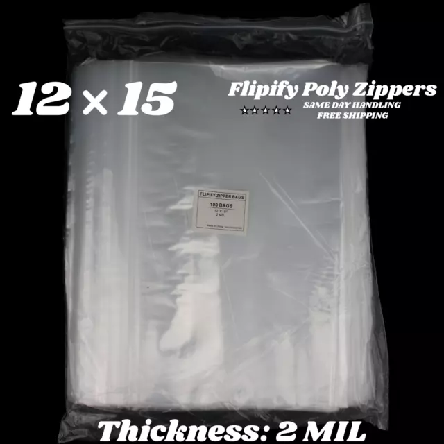 12"x15" Clear 2 Mil Zipper Bags Poly Plastic Reclosable Zip Storage Large