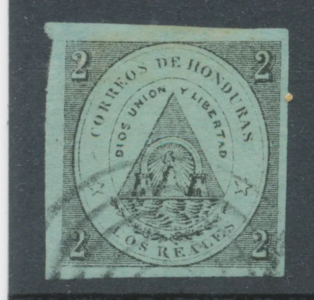 HONDURAS 1865 2R nero su verde superbo stemma usato GRANDE VARIETÀ: ""LOS"" in